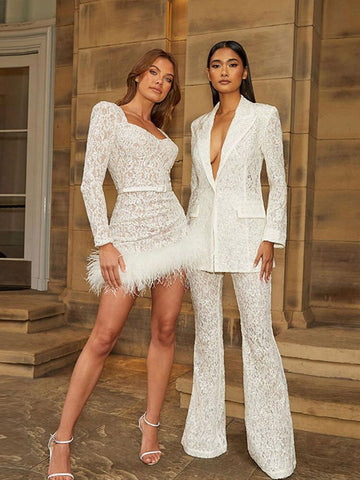 Znbbw Sleeve Lace Feather Mini Skirt Women Fashion Square Neck White Dress 2023 Female Elegant Slim Evening Clothing